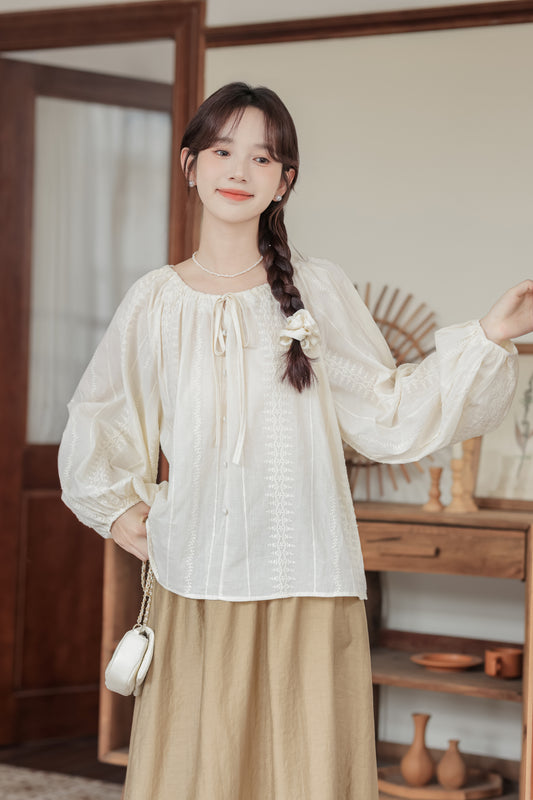 Jacquard Embroidered Drawstring Tie Pullover Blouse