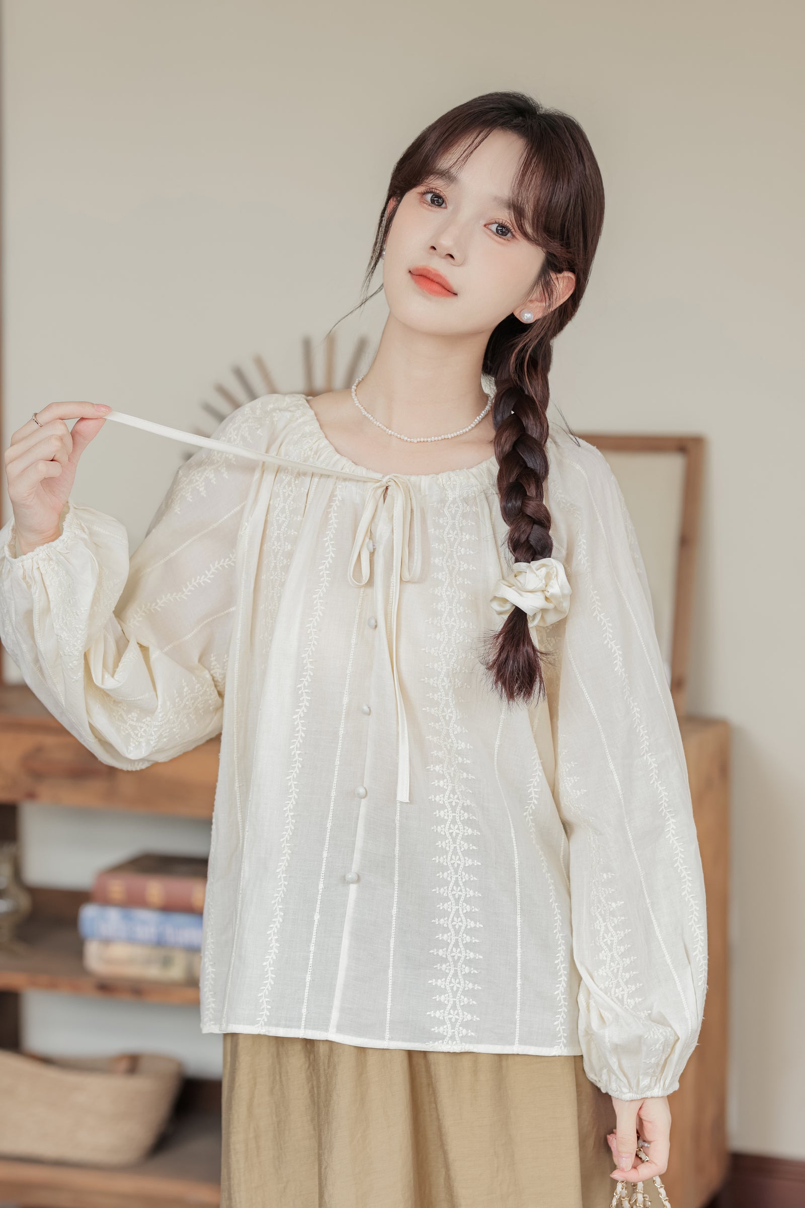 Jacquard Embroidered Drawstring Tie Pullover Blouse