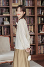 Jacquard Embroidered Drawstring Tie Pullover Blouse