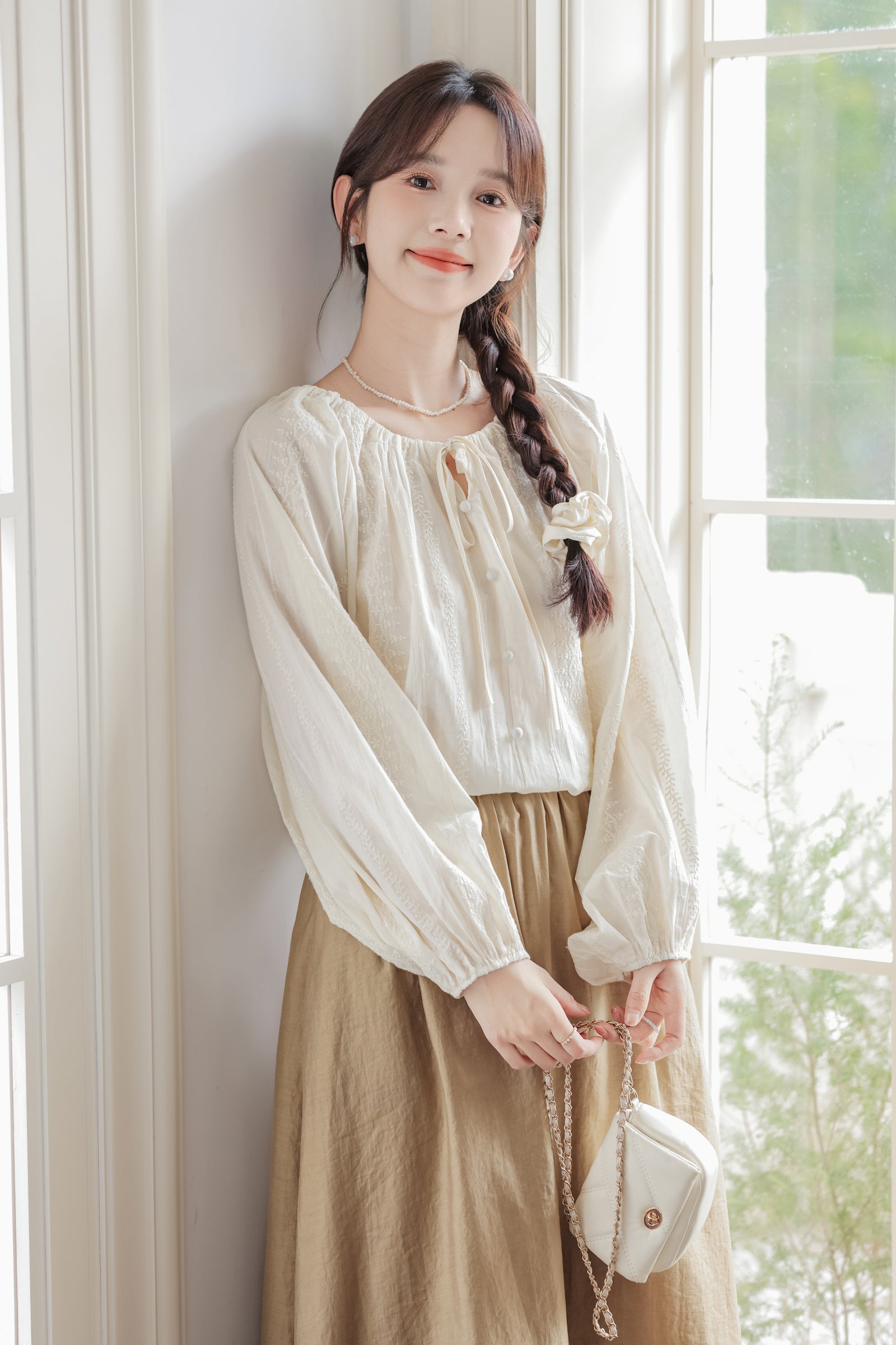 Jacquard Embroidered Drawstring Tie Pullover Blouse