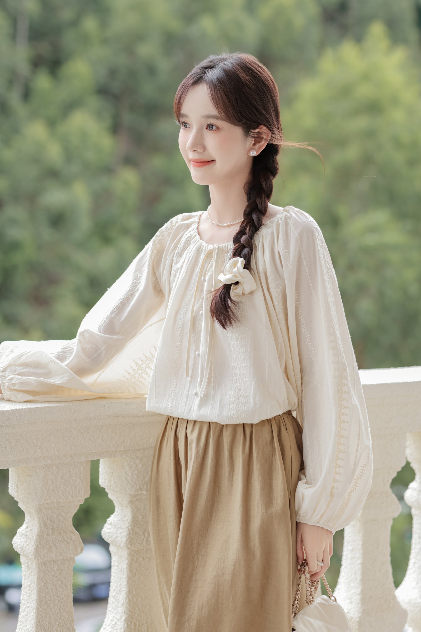 Jacquard Embroidered Drawstring Tie Pullover Blouse