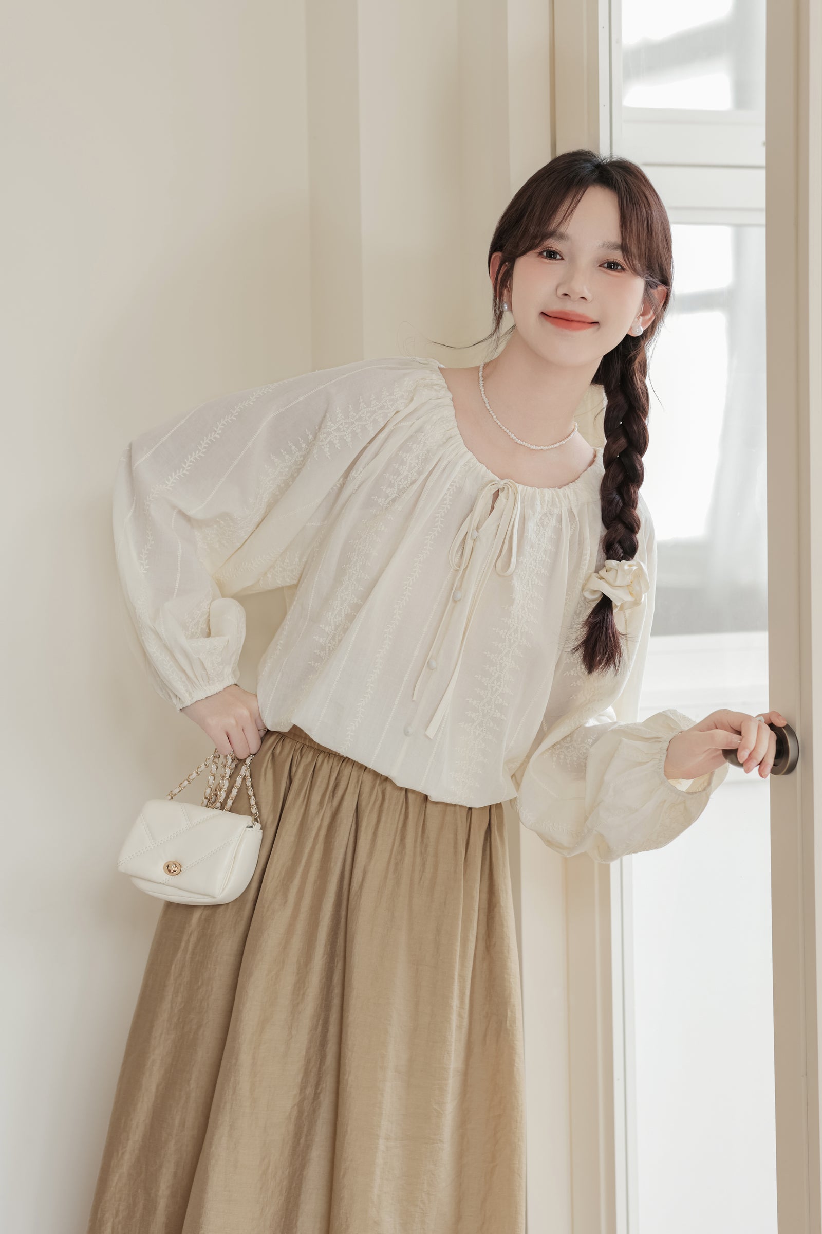 Jacquard Embroidered Drawstring Tie Pullover Blouse