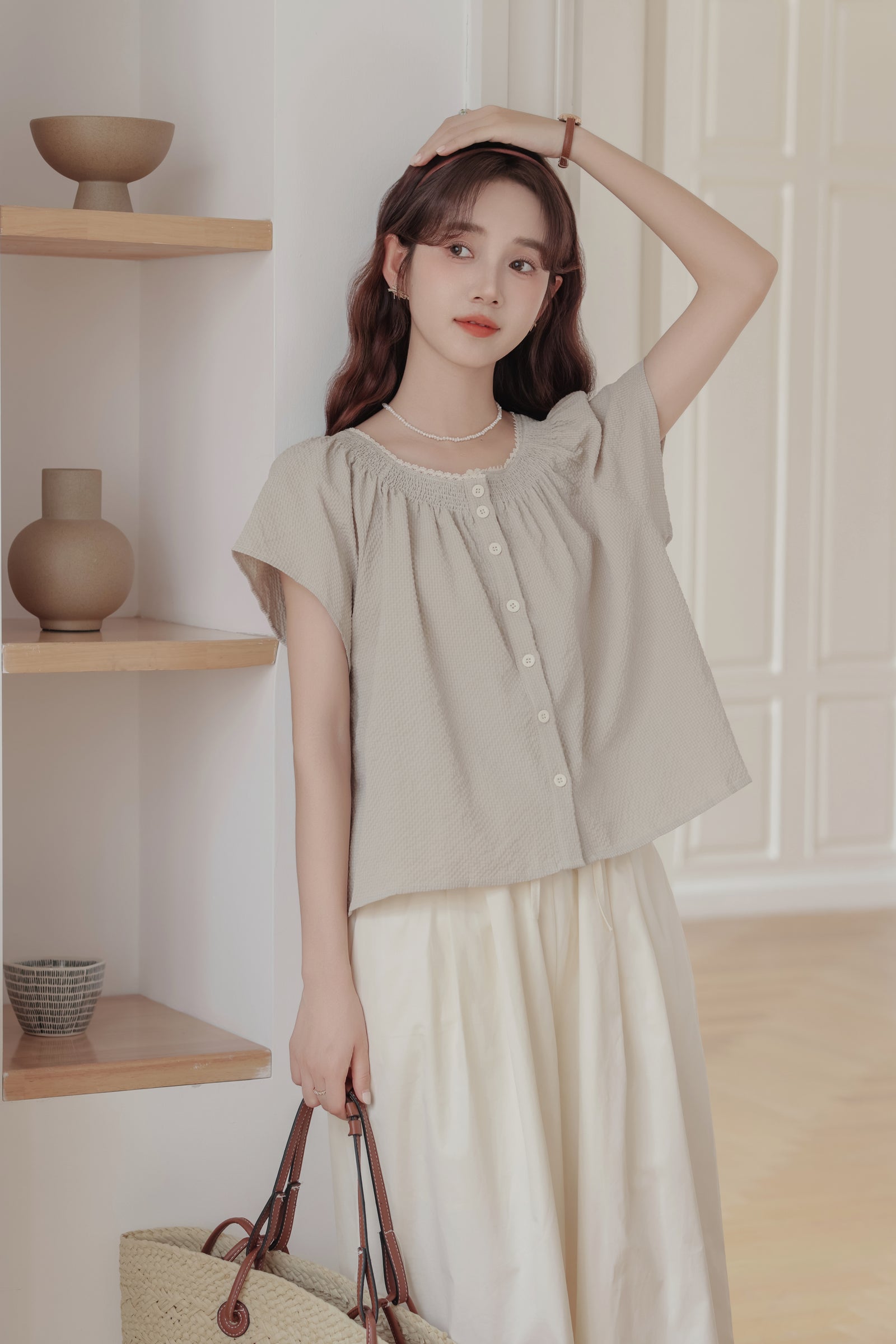 Casual Beige Smocked Button-Down Blouse - Masion Chérie