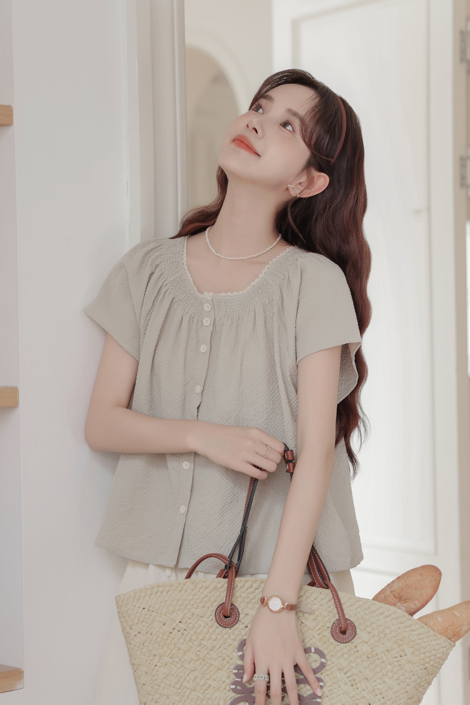 Casual Beige Smocked Button-Down Blouse - Masion Chérie