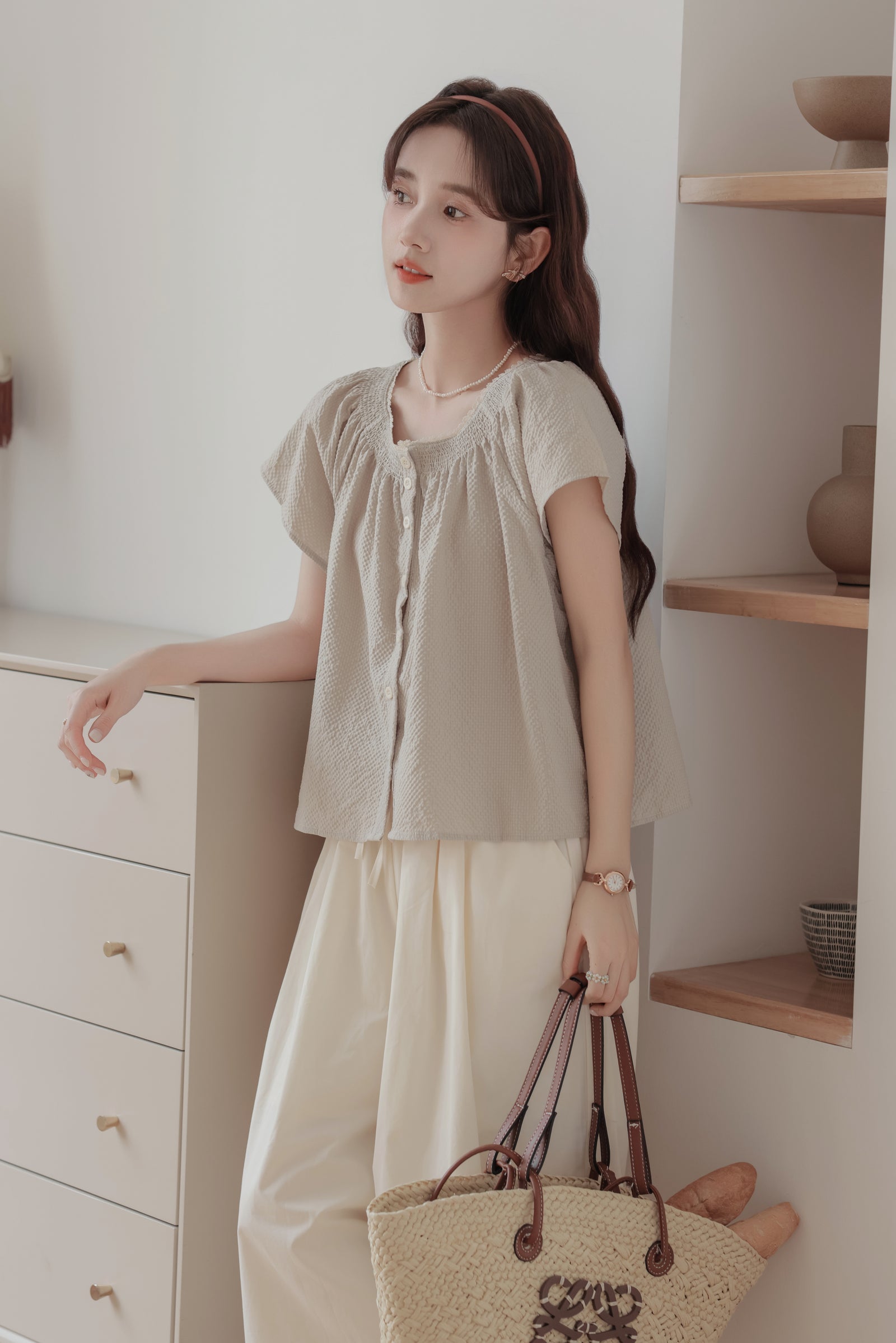 Casual Beige Smocked Button-Down Blouse - Masion Chérie