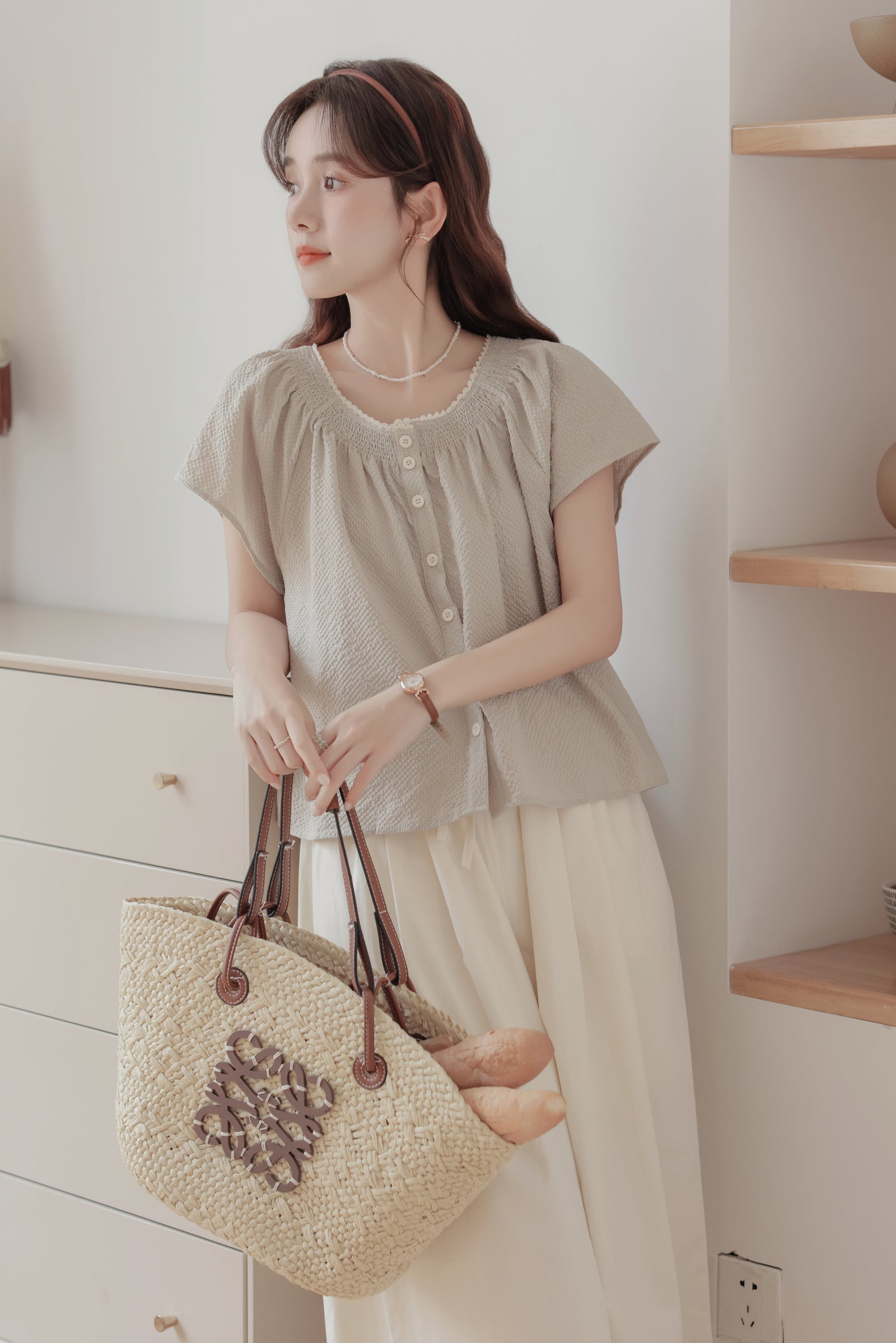 Casual Beige Smocked Button-Down Blouse - Masion Chérie