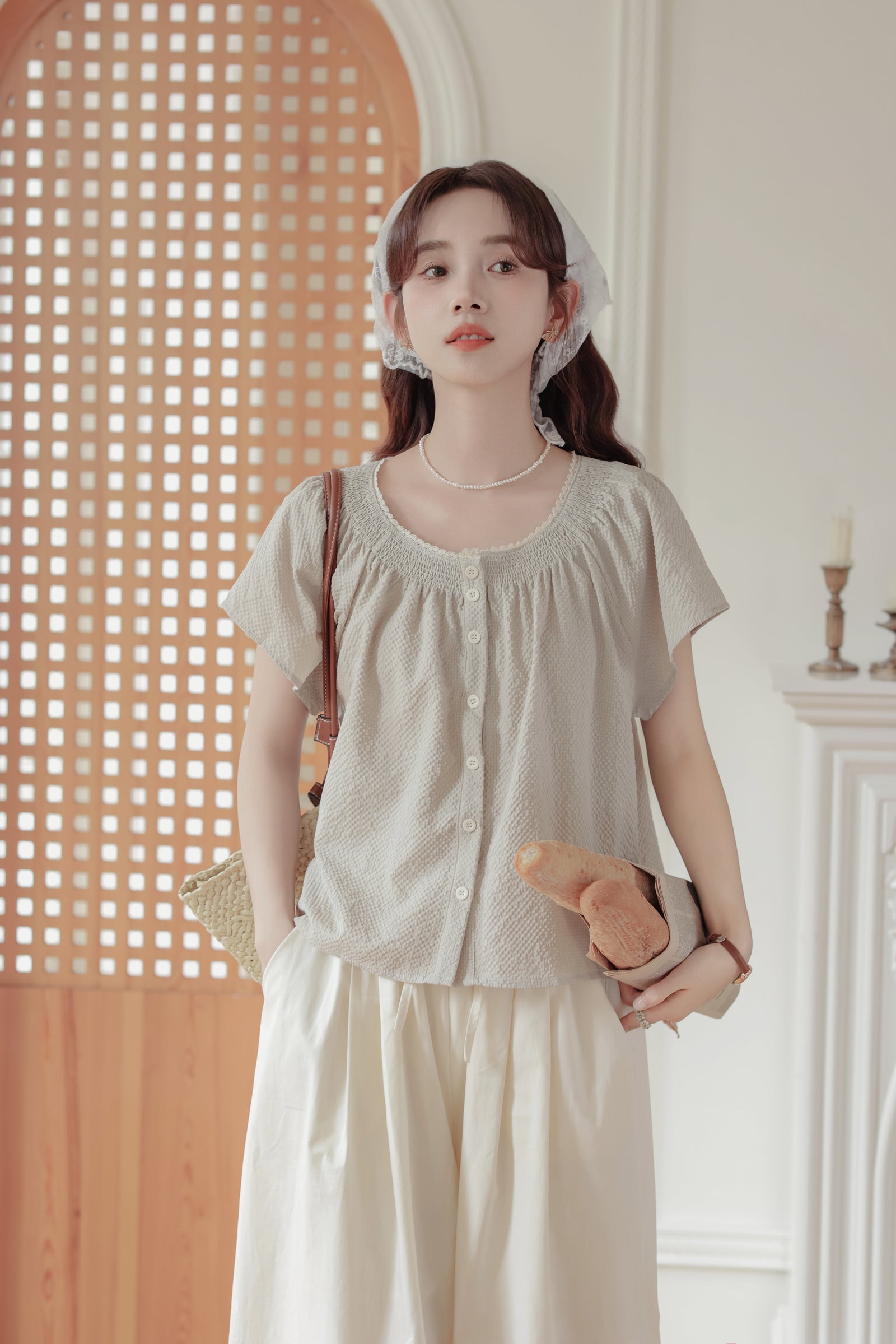 Casual Beige Smocked Button-Down Blouse - Masion Chérie