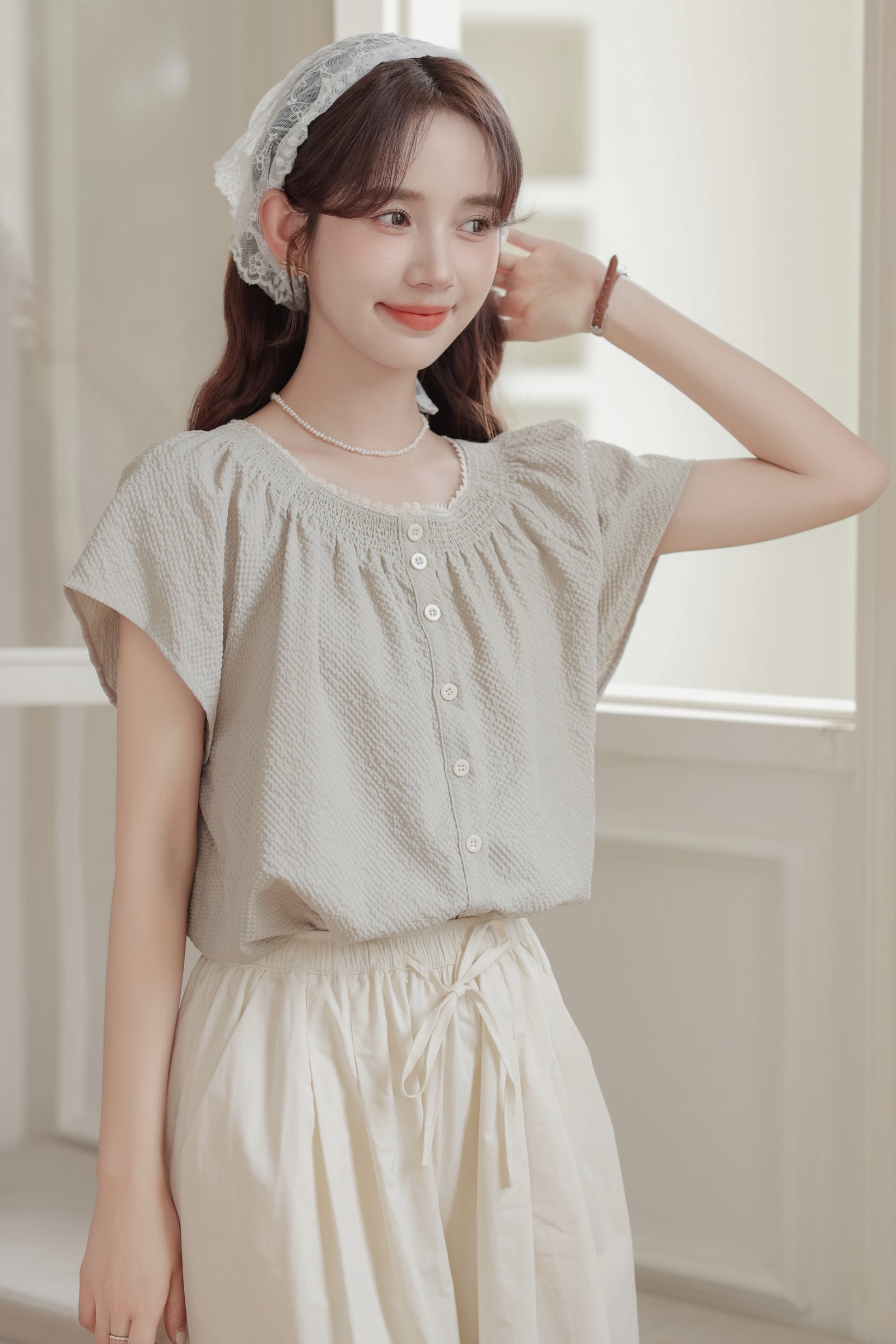 Casual Beige Smocked Button-Down Blouse - Masion Chérie