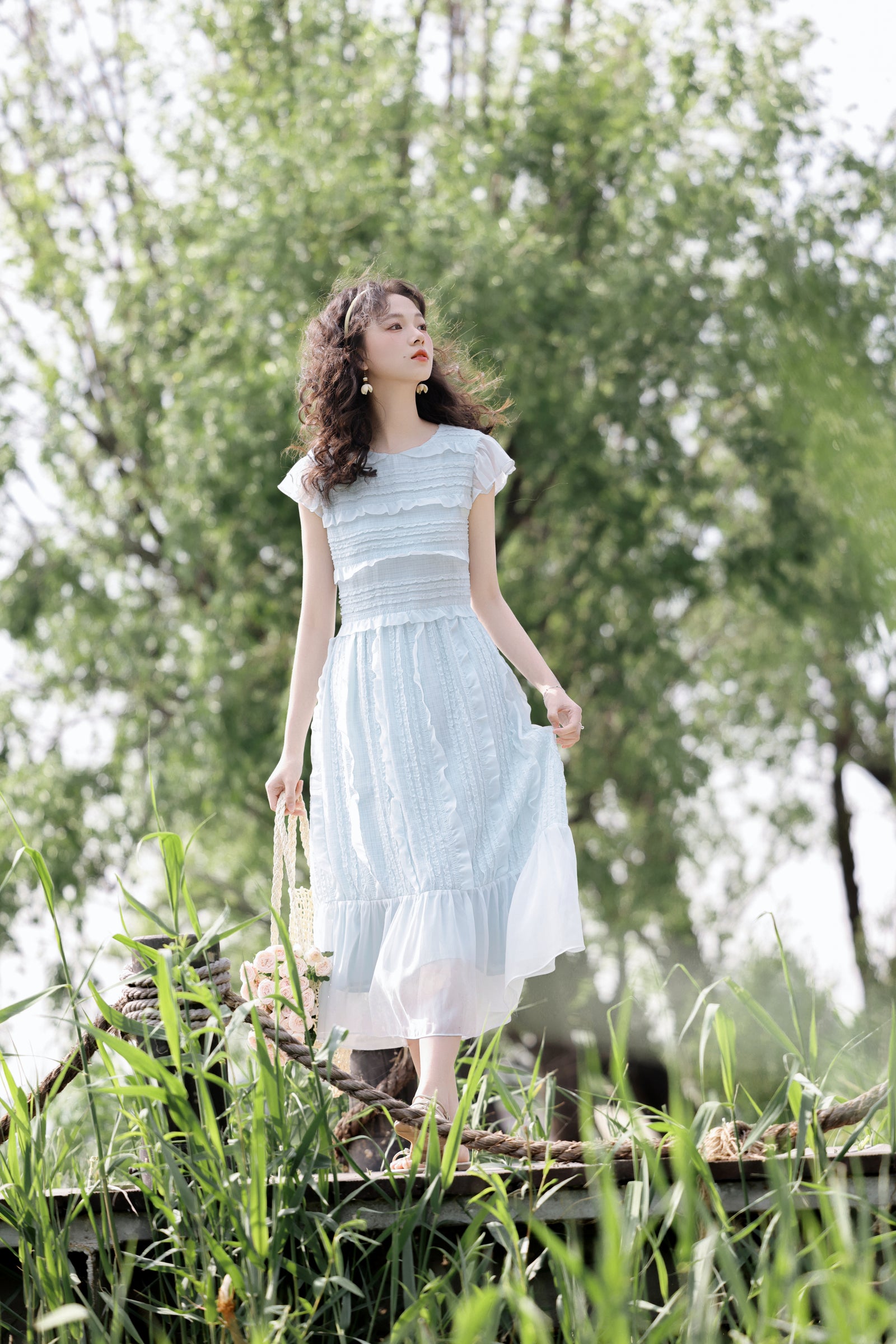 Pastel Blue Ruched Midi Dress - Masion Chérie