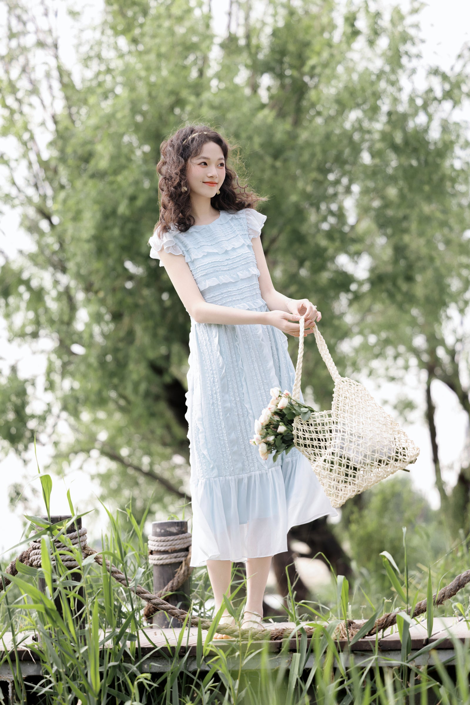 Pastel Blue Ruched Midi Dress - Masion Chérie