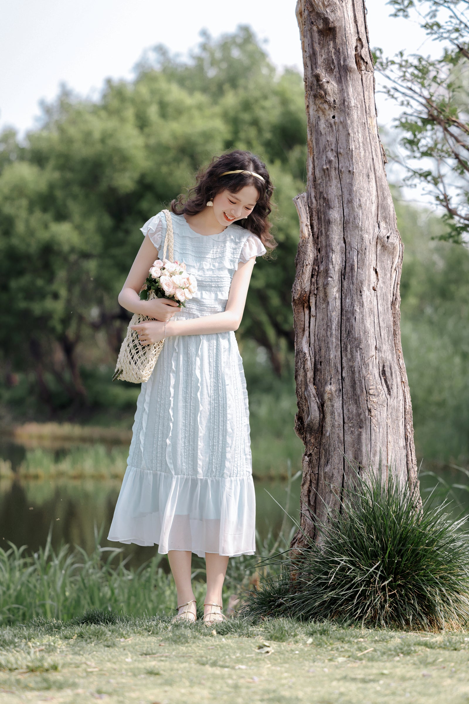 Pastel Blue Ruched Midi Dress - Masion Chérie