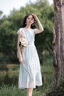 Pastel Blue Ruched Midi Dress - Masion Chérie