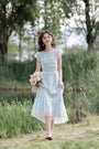 Pastel Blue Ruched Midi Dress - Masion Chérie