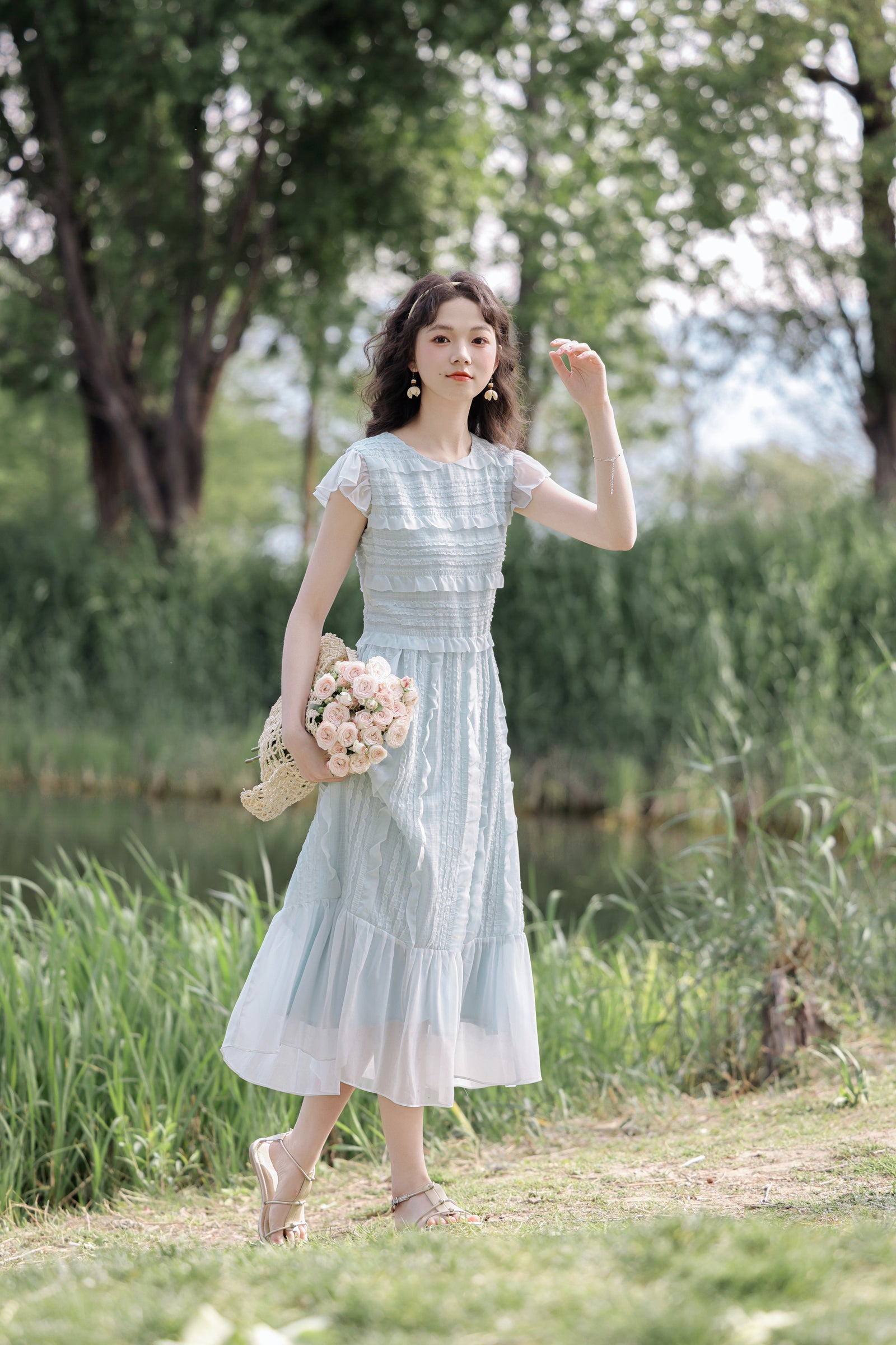 Pastel Blue Ruched Midi Dress - Masion Chérie