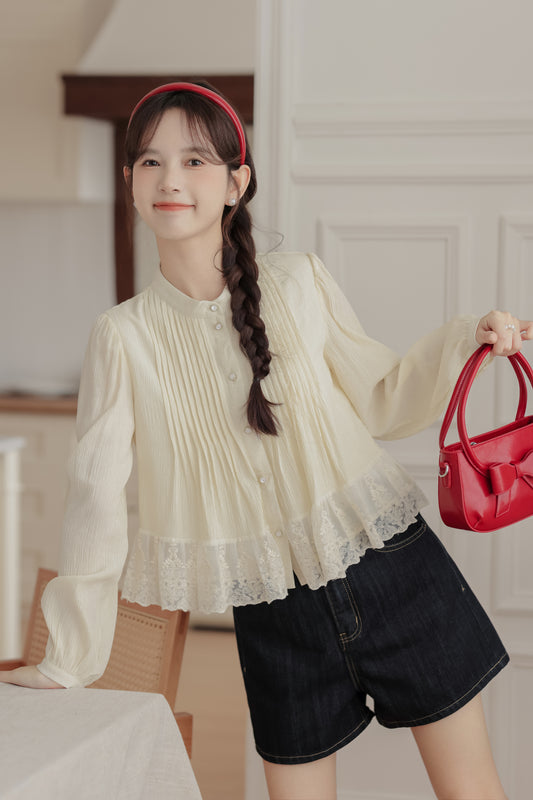 Graceful Buttercream Lace Trim Pleated Blouse