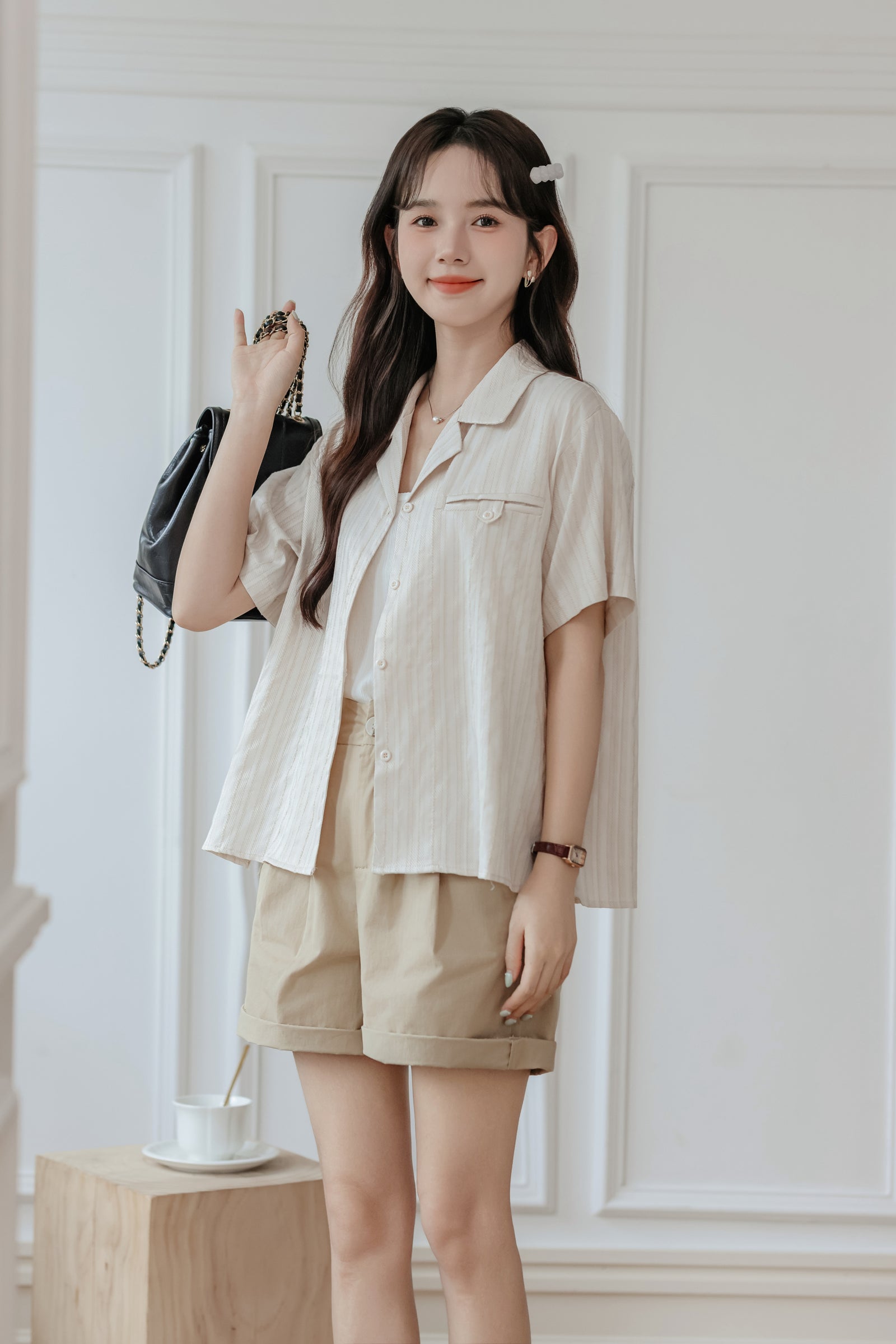 Casual Beige Striped Button-Down Shirt - Masion Chérie