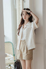 Casual Beige Striped Button-Down Shirt - Masion Chérie