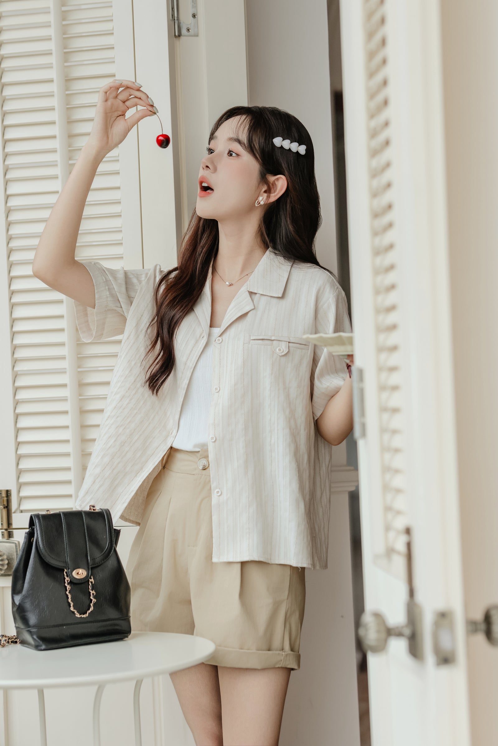 Casual Beige Striped Button-Down Shirt - Masion Chérie