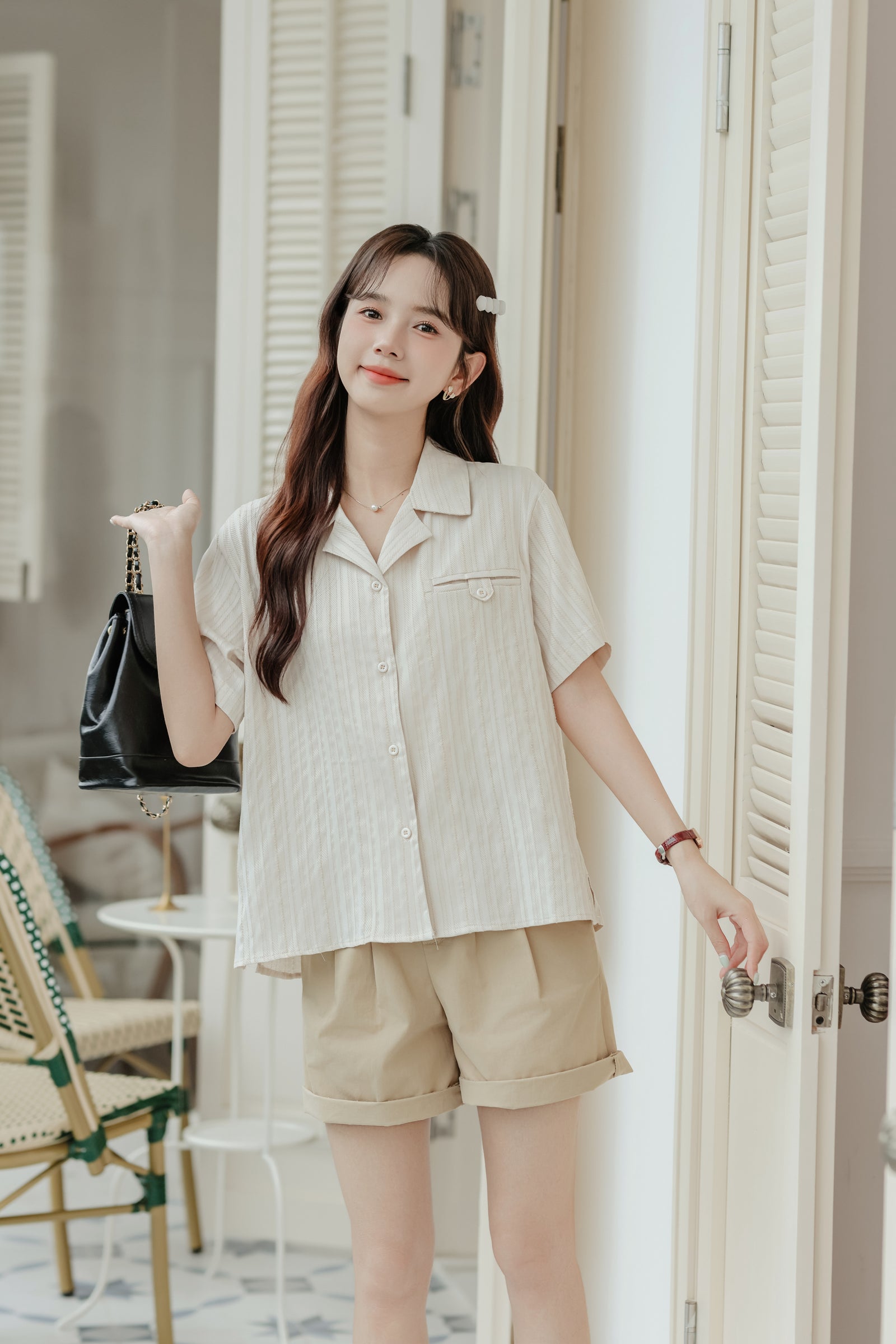 Casual Beige Striped Button-Down Shirt - Masion Chérie