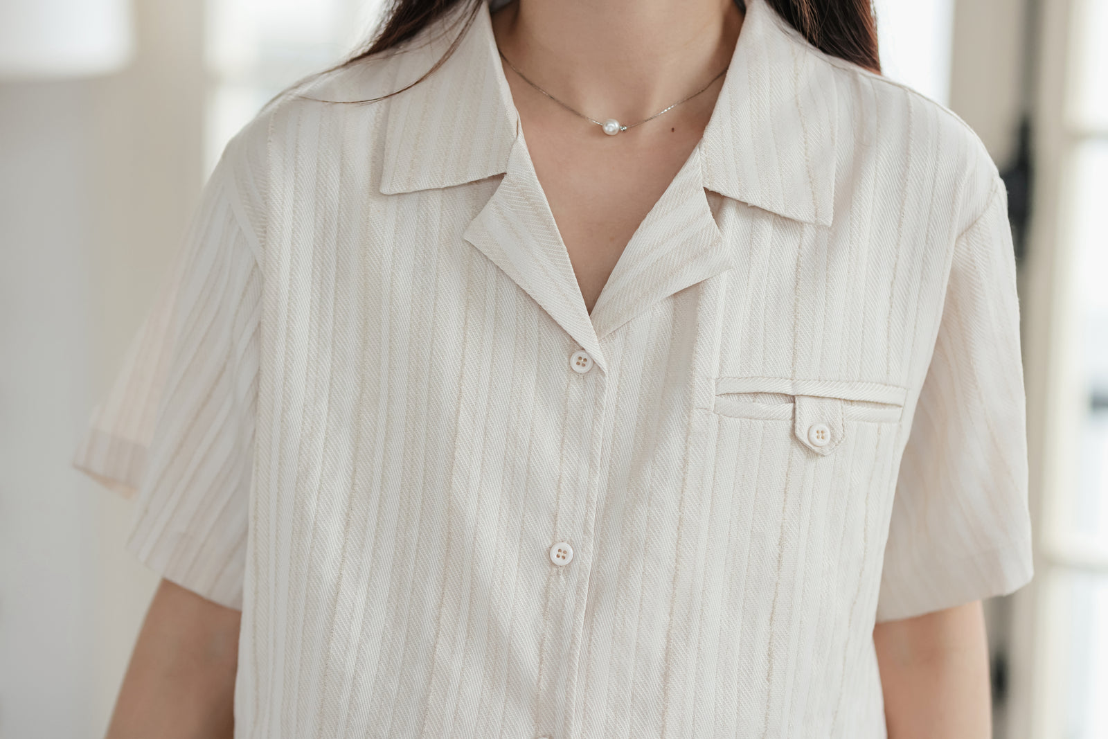 Casual Beige Striped Button-Down Shirt - Masion Chérie