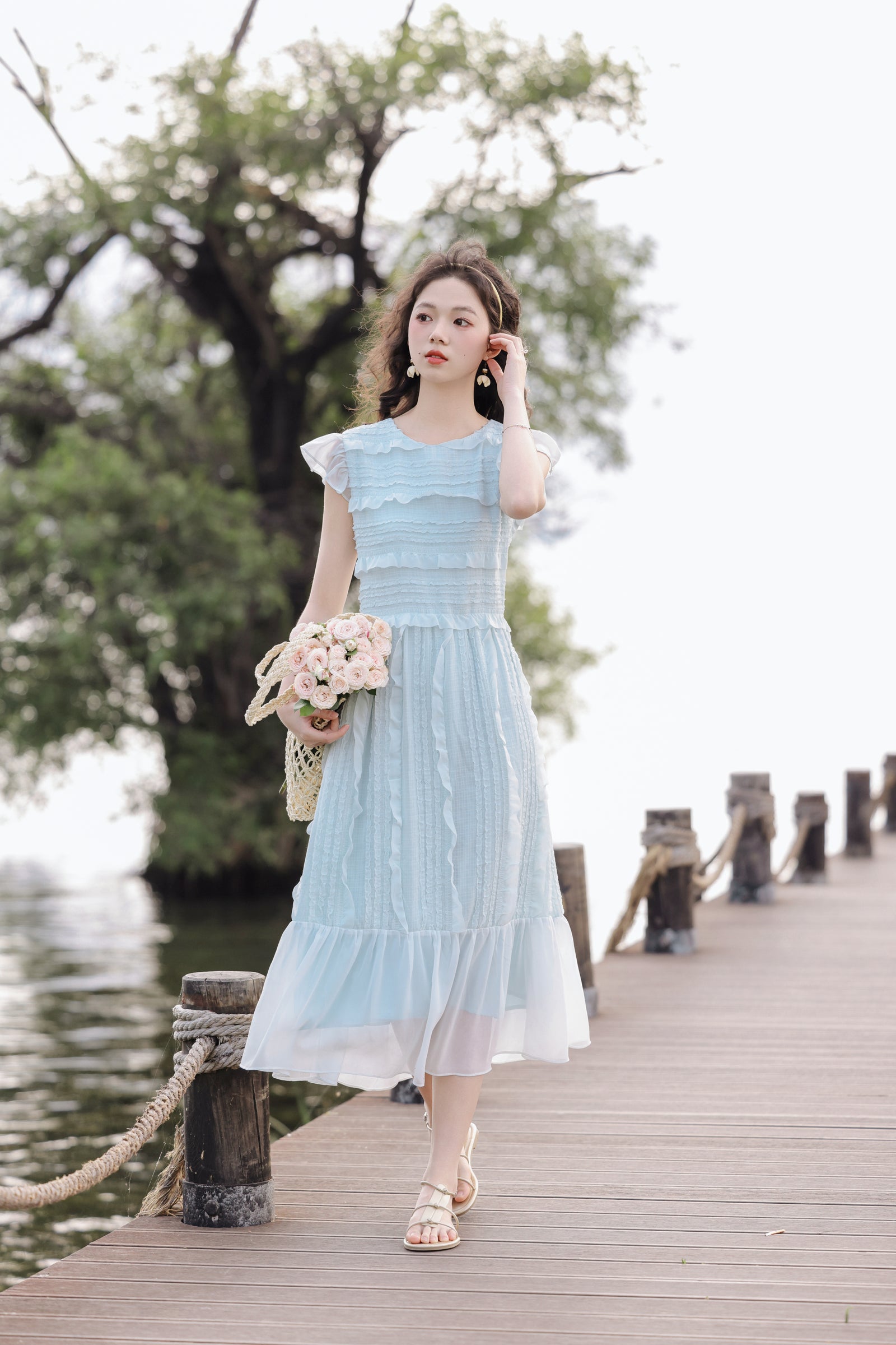 Pastel Blue Ruched Midi Dress - Masion Chérie