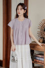 Lavender Short Sleeve Pleated Button-Down Blouse - Masion Chérie