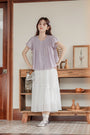 Lavender Short Sleeve Pleated Button-Down Blouse - Masion Chérie