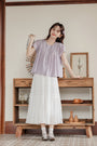 Lavender Short Sleeve Pleated Button-Down Blouse - Masion Chérie