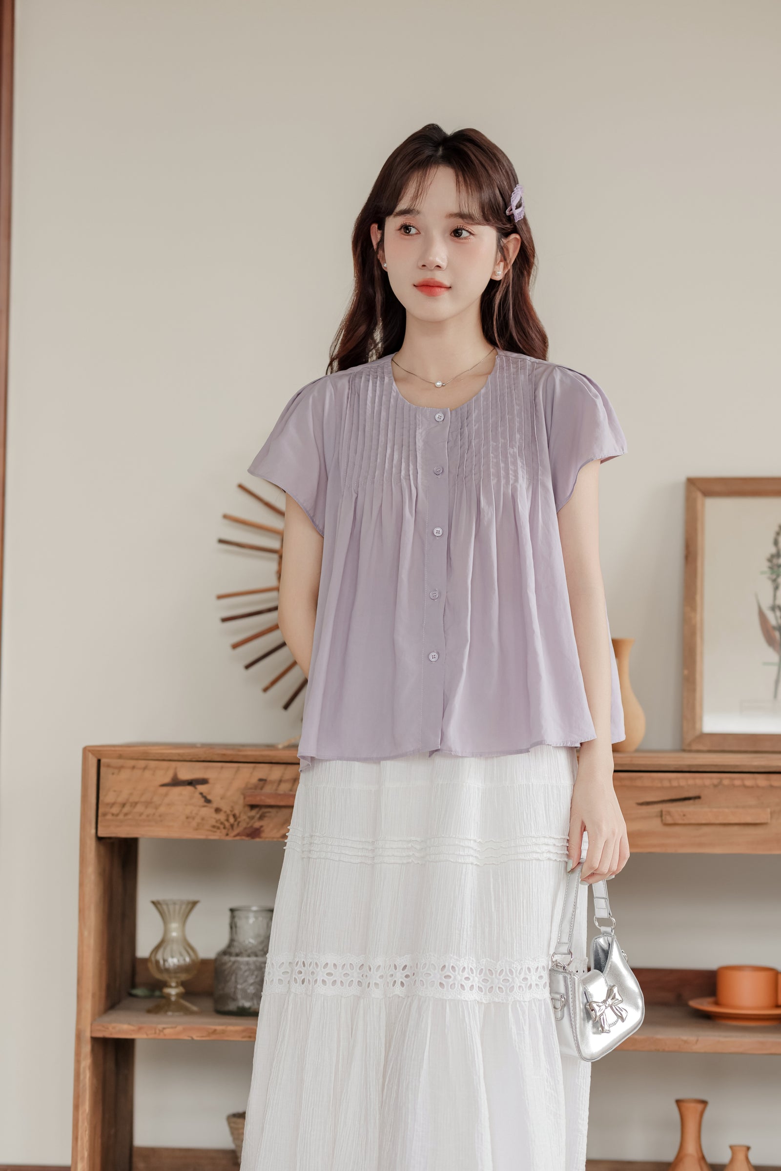 Lavender Short Sleeve Pleated Button-Down Blouse - Masion Chérie