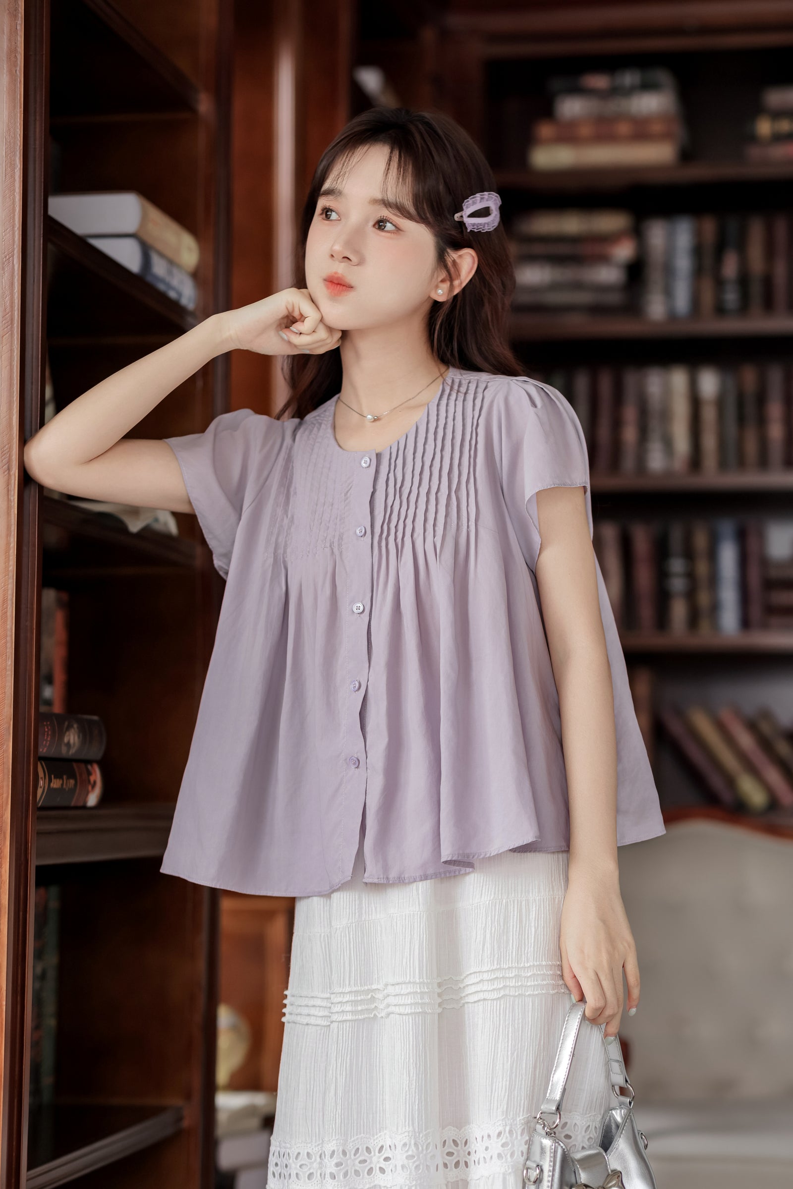 Lavender Short Sleeve Pleated Button-Down Blouse - Masion Chérie