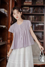 Lavender Short Sleeve Pleated Button-Down Blouse - Masion Chérie