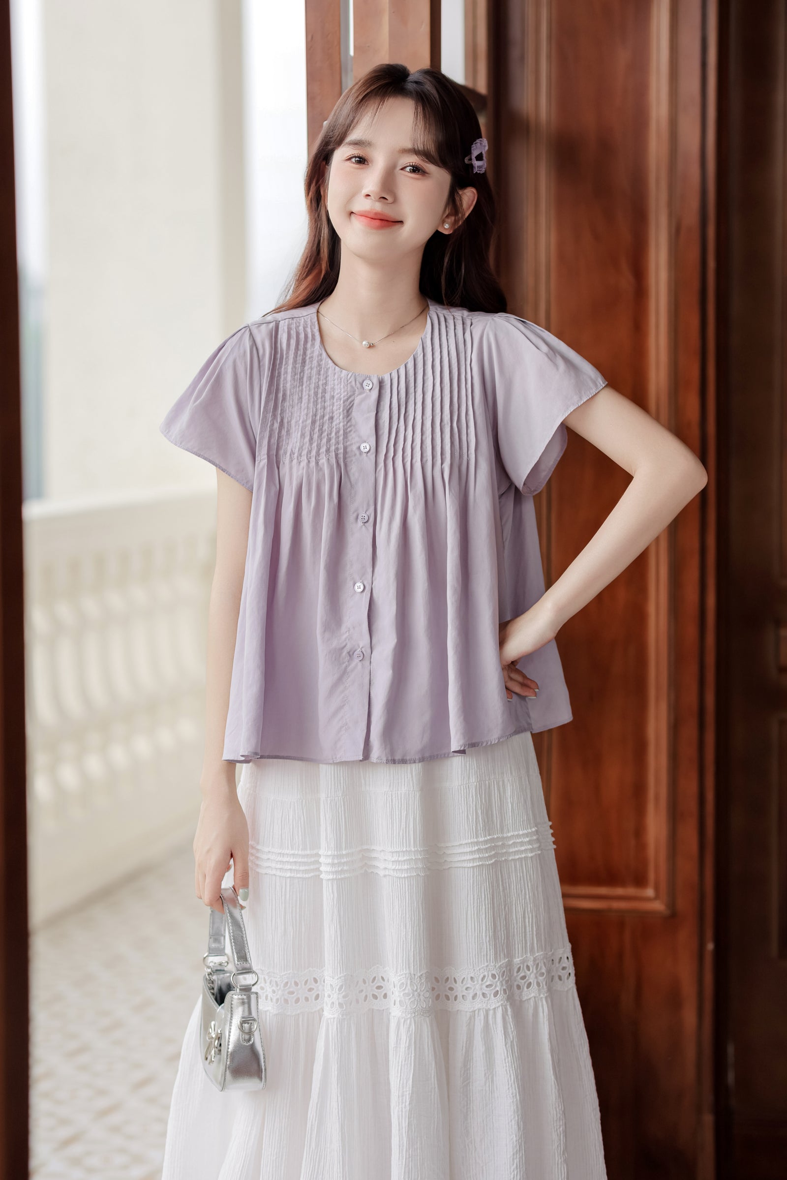 Lavender Short Sleeve Pleated Button-Down Blouse - Masion Chérie