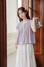 Lavender Short Sleeve Pleated Button-Down Blouse - Masion Chérie