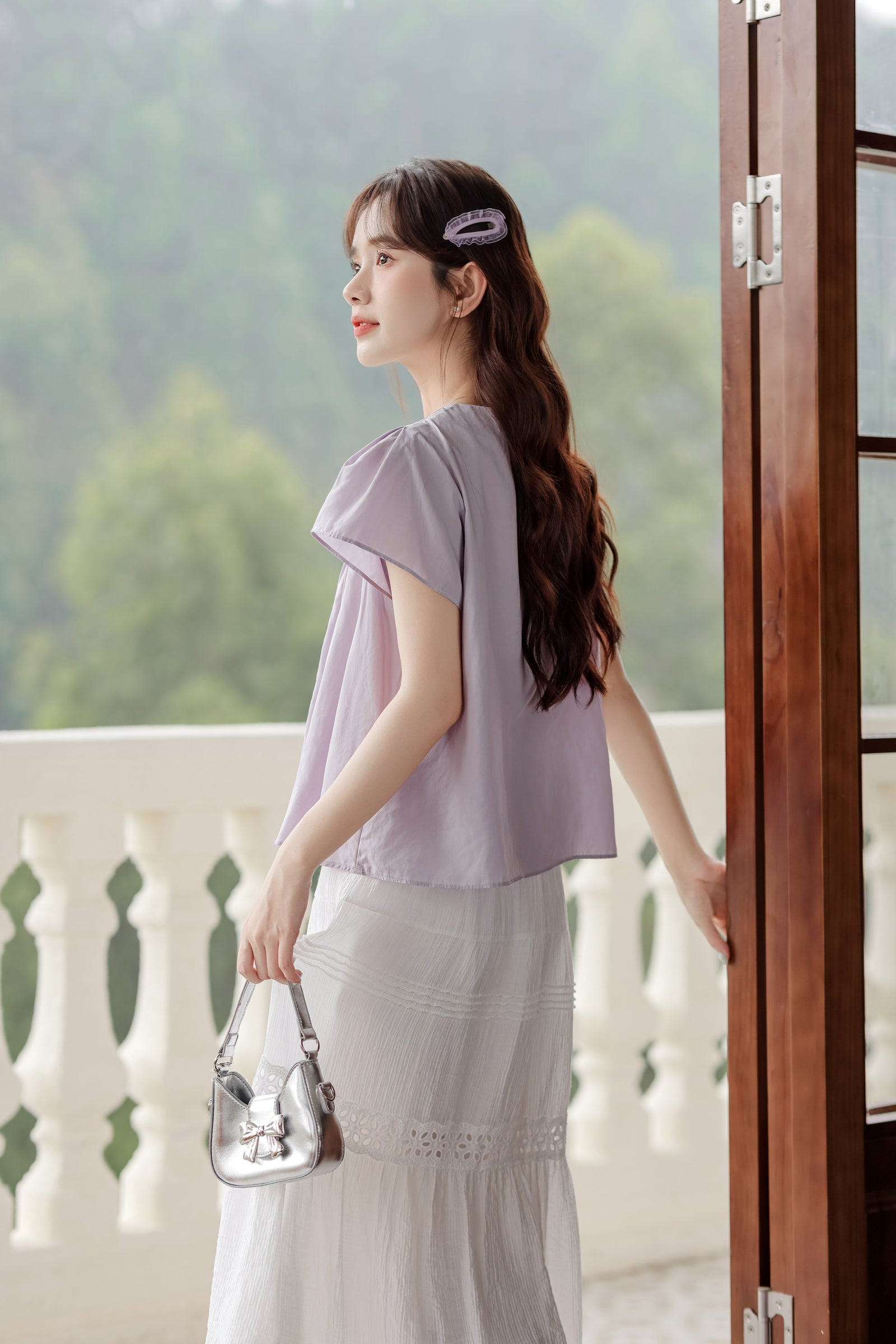 Lavender Short Sleeve Pleated Button-Down Blouse - Masion Chérie