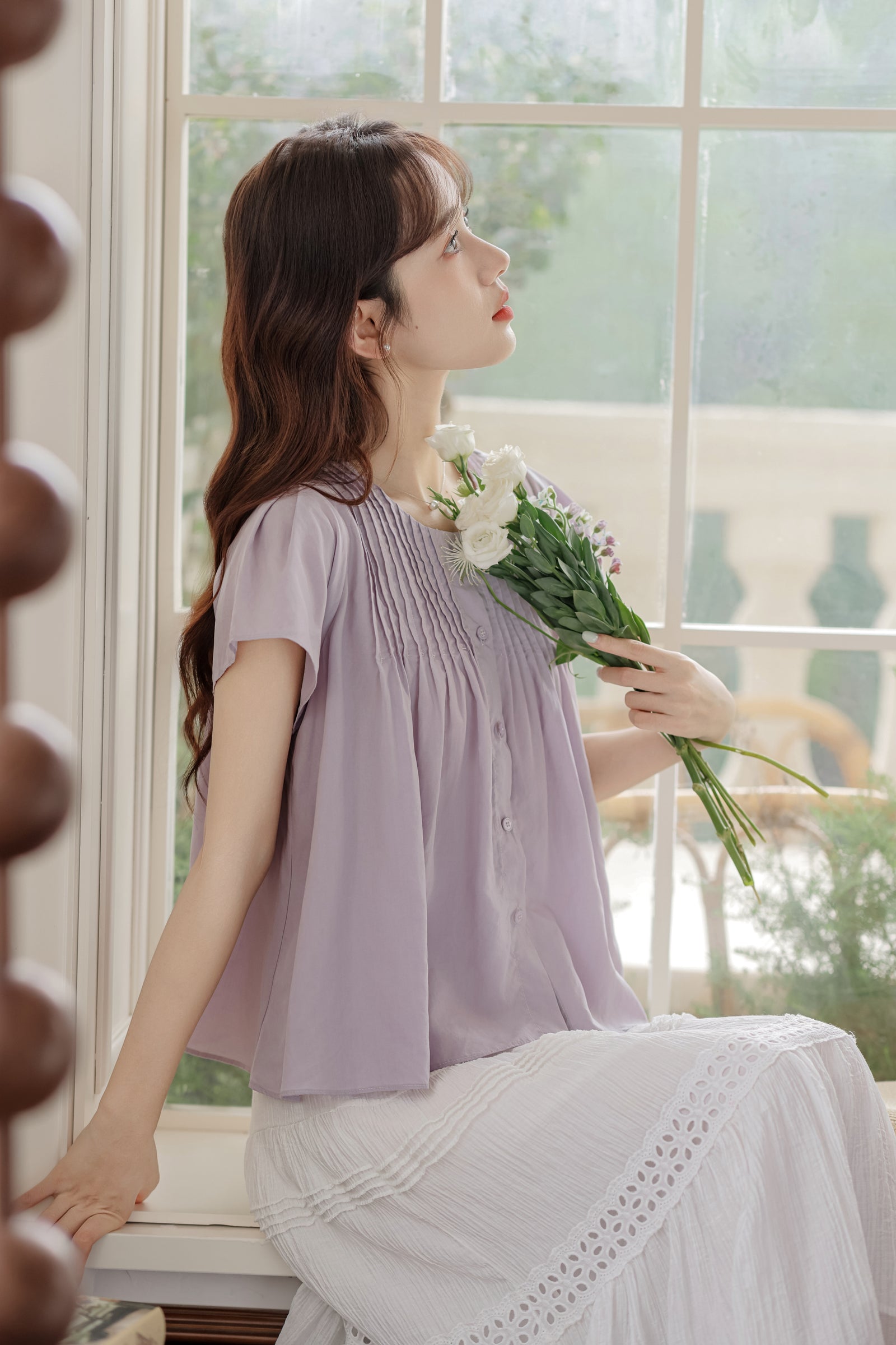 Lavender Short Sleeve Pleated Button-Down Blouse - Masion Chérie