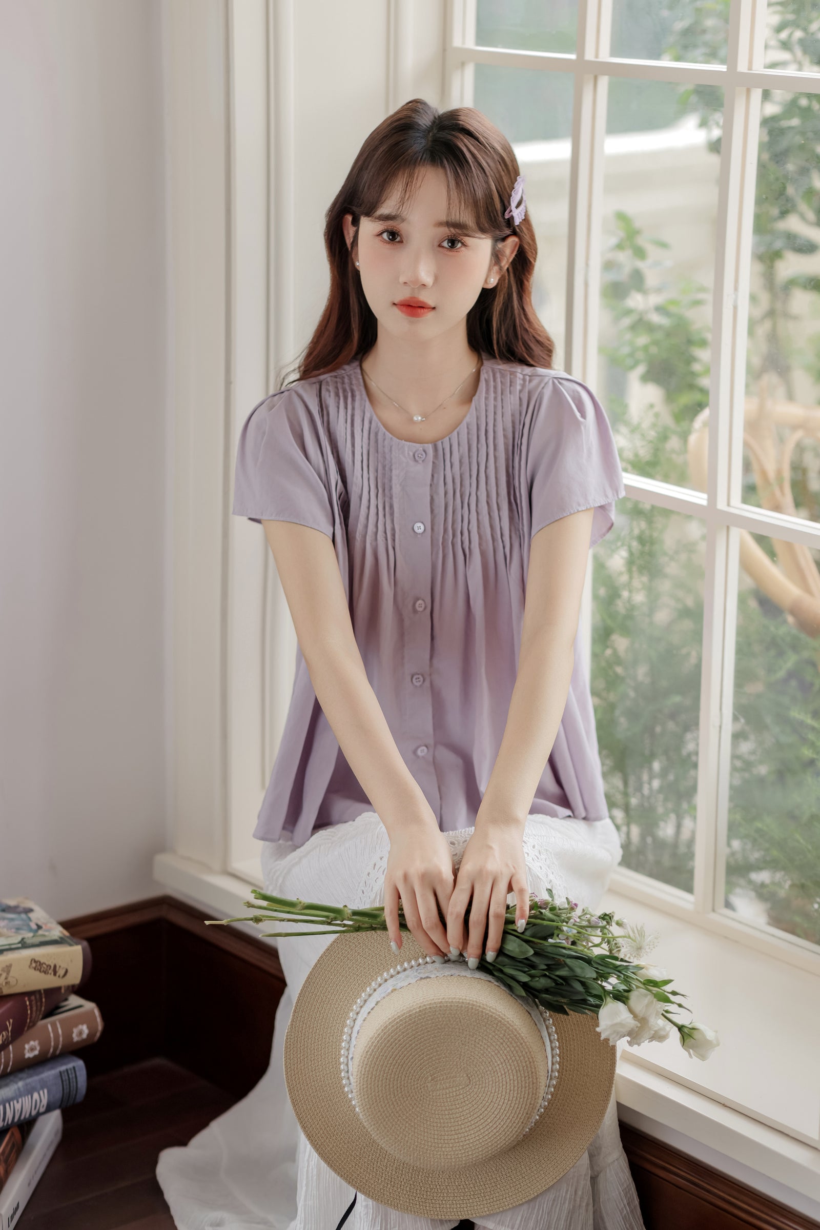 Lavender Short Sleeve Pleated Button-Down Blouse - Masion Chérie