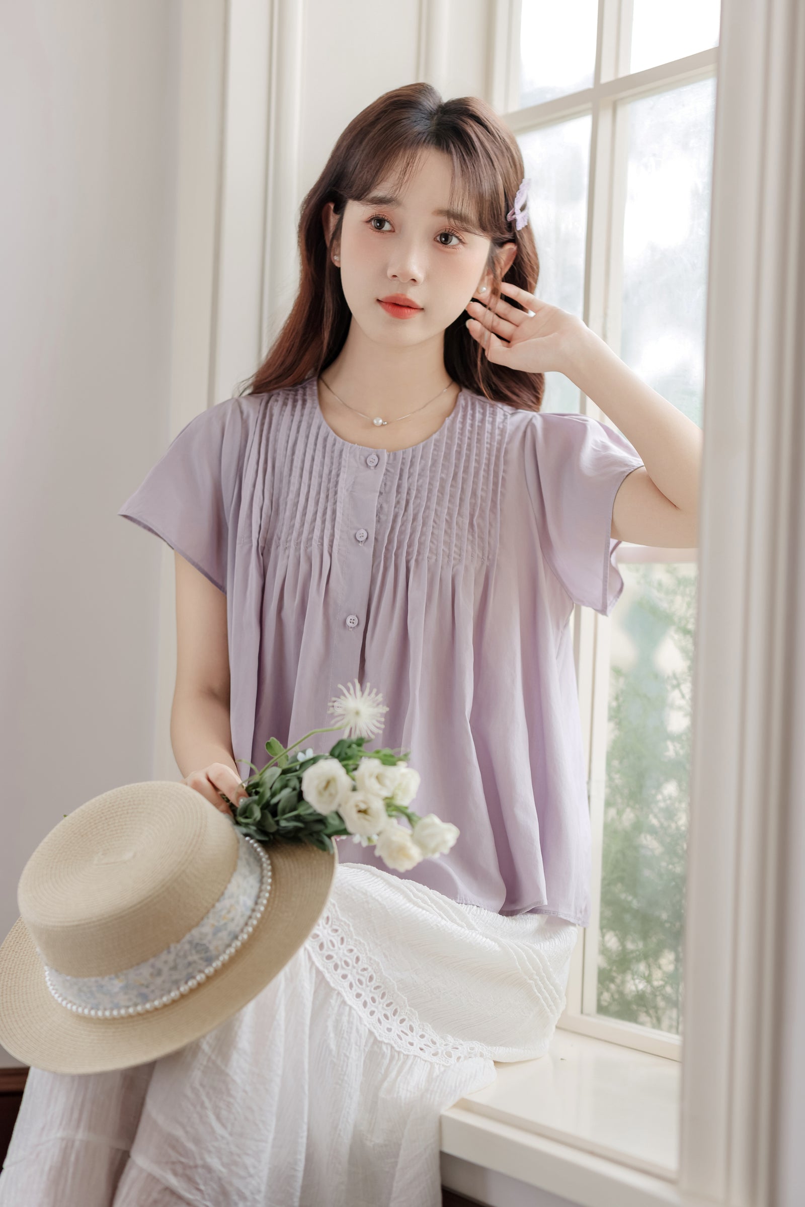 Lavender Short Sleeve Pleated Button-Down Blouse - Masion Chérie