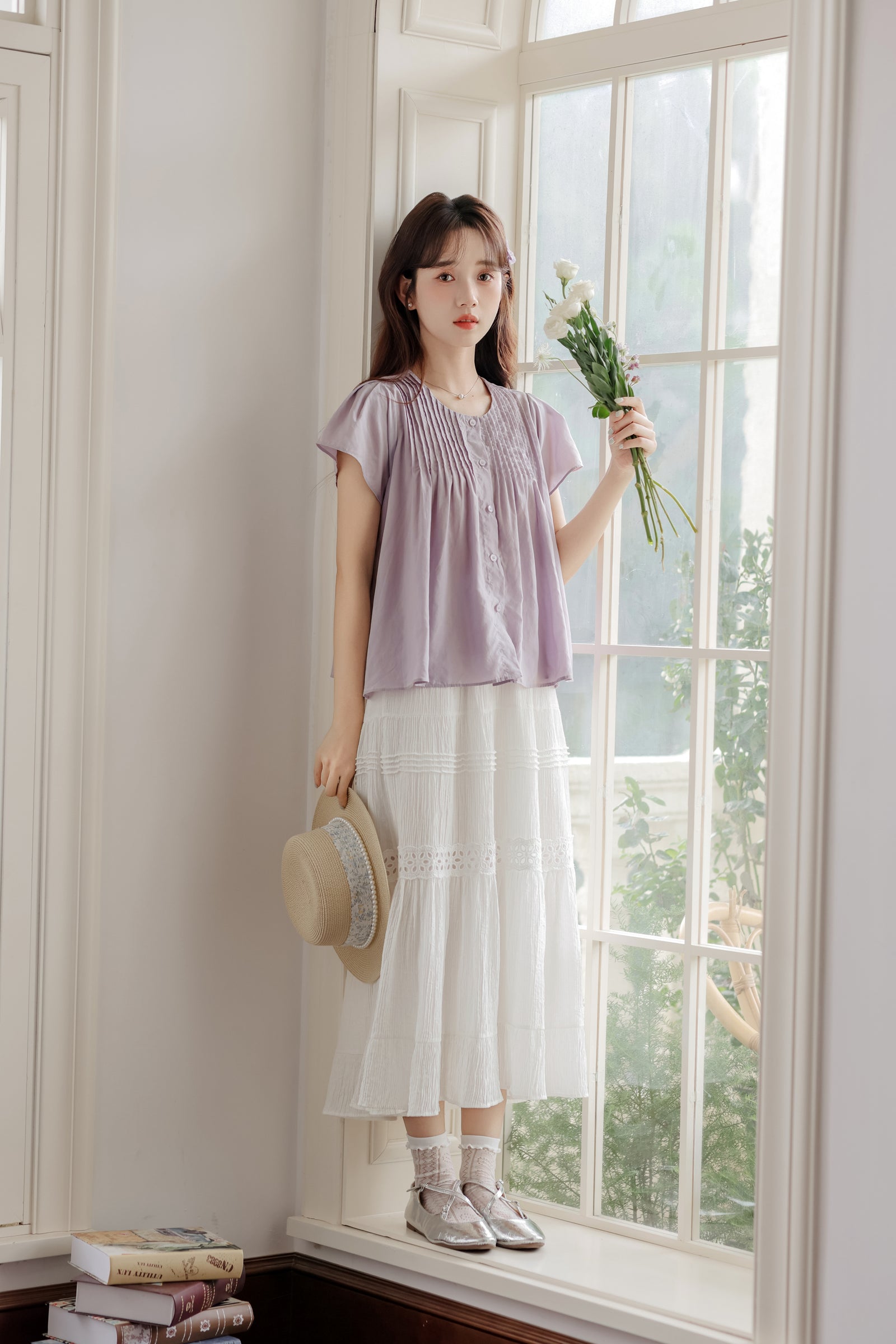 Lavender Short Sleeve Pleated Button-Down Blouse - Masion Chérie