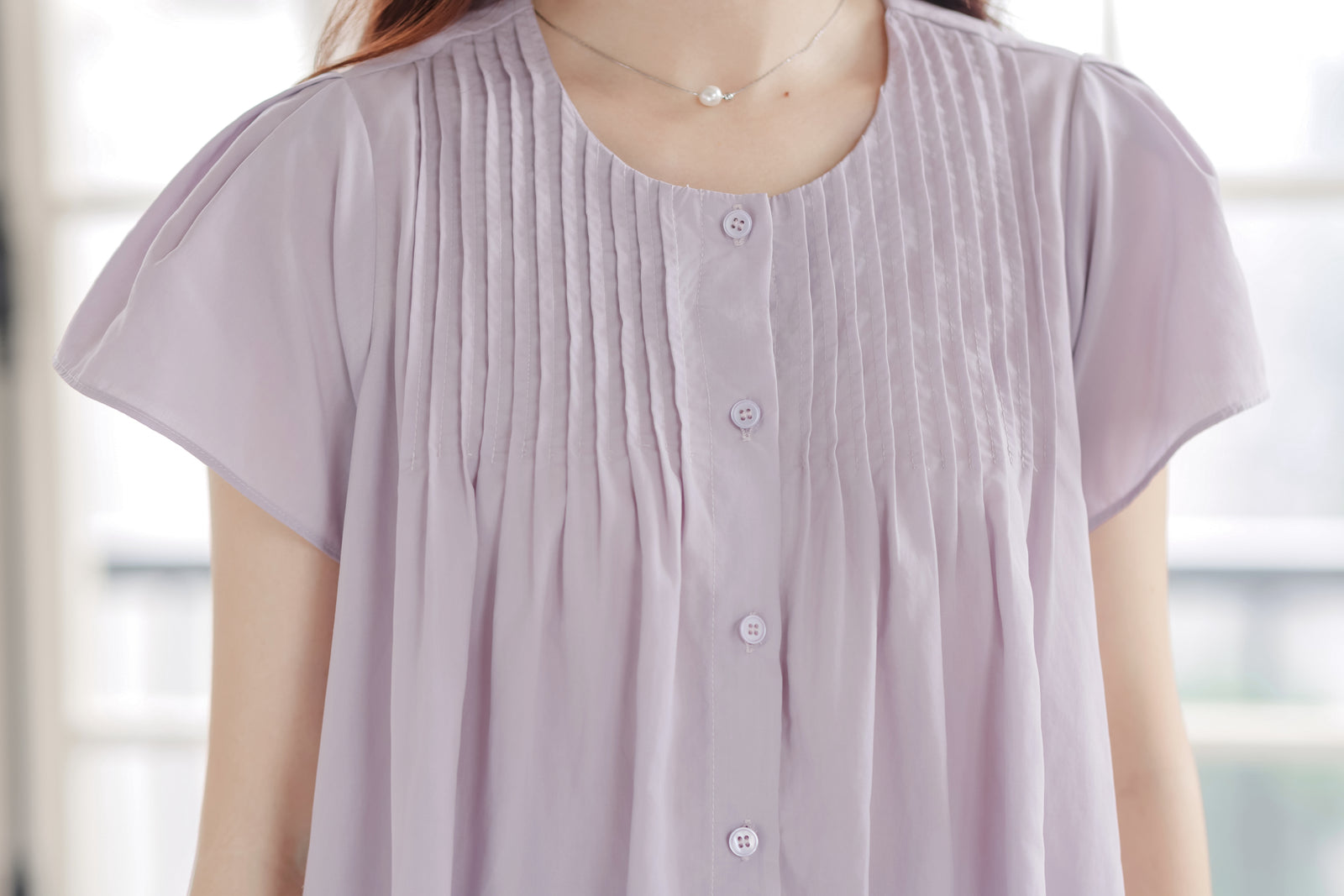 Lavender Short Sleeve Pleated Button-Down Blouse - Masion Chérie