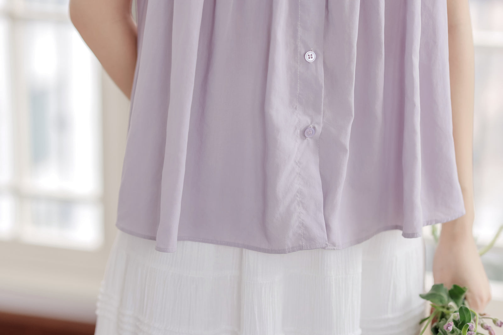 Lavender Short Sleeve Pleated Button-Down Blouse - Masion Chérie