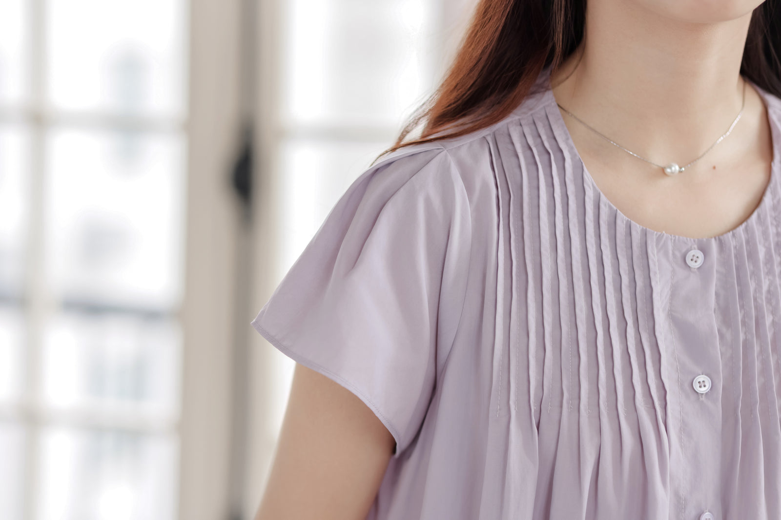 Lavender Short Sleeve Pleated Button-Down Blouse - Masion Chérie