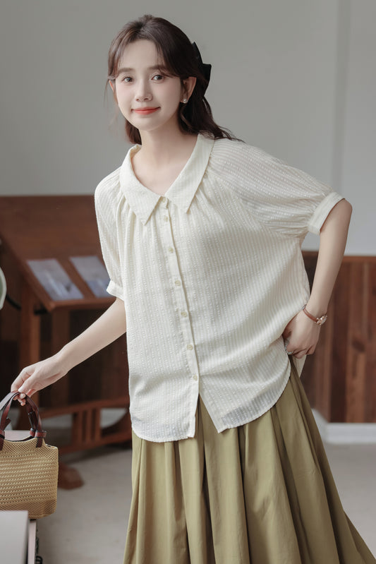 Classic Ivory Button-Down Short Sleeve Blouse - Masion Chérie