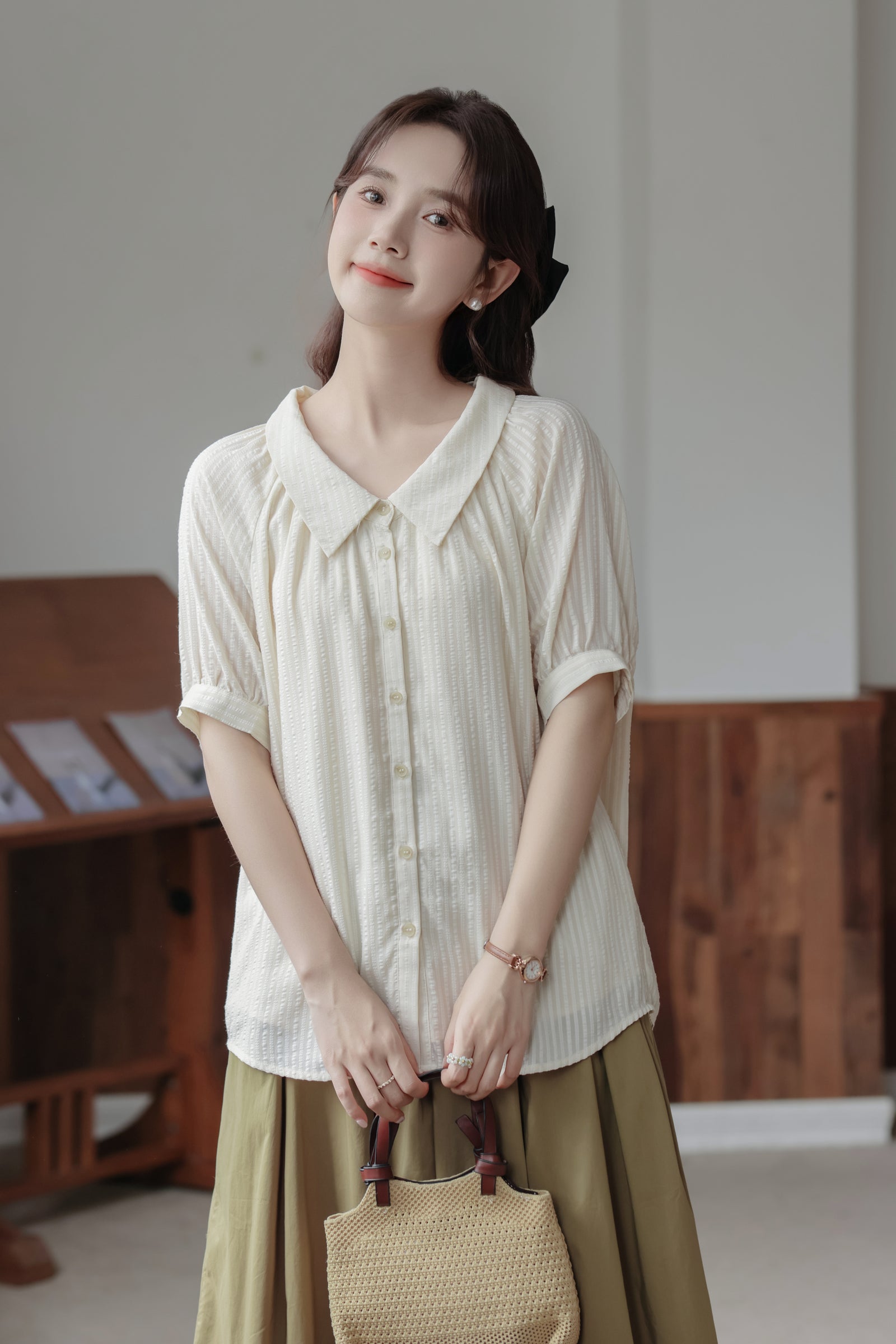 Classic Ivory Button-Down Short Sleeve Blouse - Masion Chérie