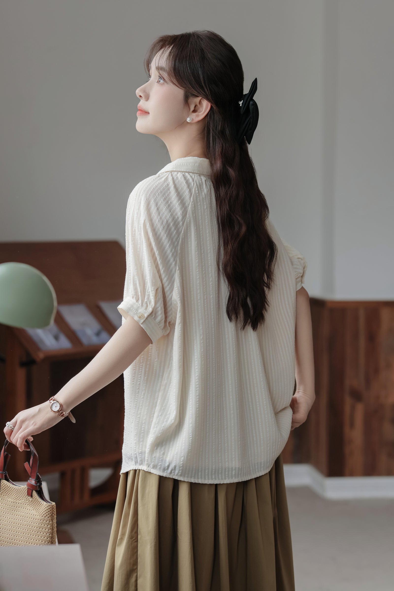 Classic Ivory Button-Down Short Sleeve Blouse - Masion Chérie