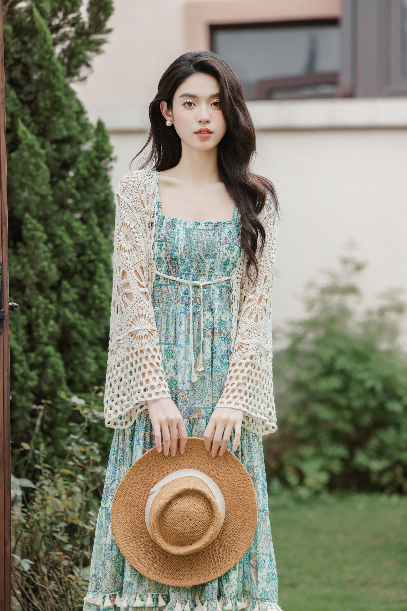 Vacation Boho Floral Maxi Dress with Sun Protection Ethnic Cardigan - Masion Chérie