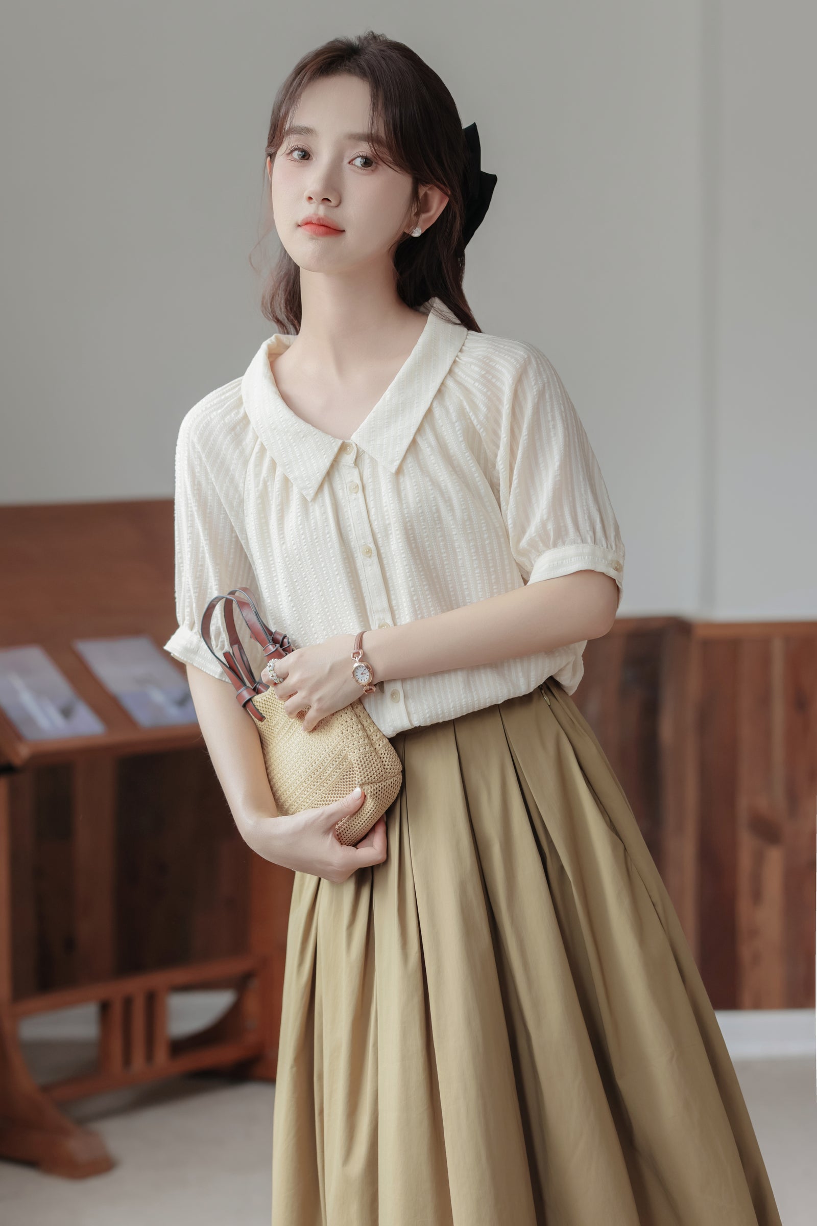 Classic Ivory Button-Down Short Sleeve Blouse - Masion Chérie