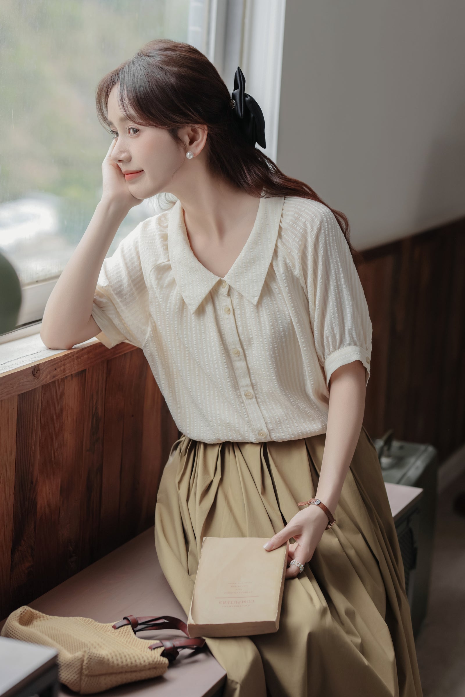 Classic Ivory Button-Down Short Sleeve Blouse - Masion Chérie