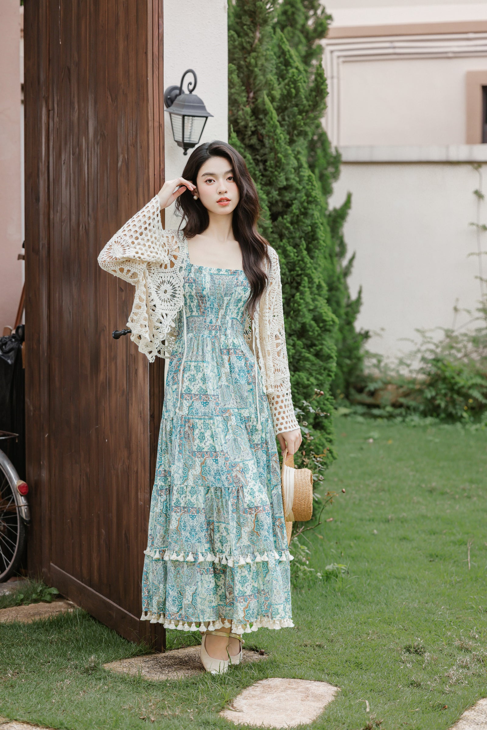 Vacation Boho Floral Maxi Dress with Sun Protection Ethnic Cardigan - Masion Chérie