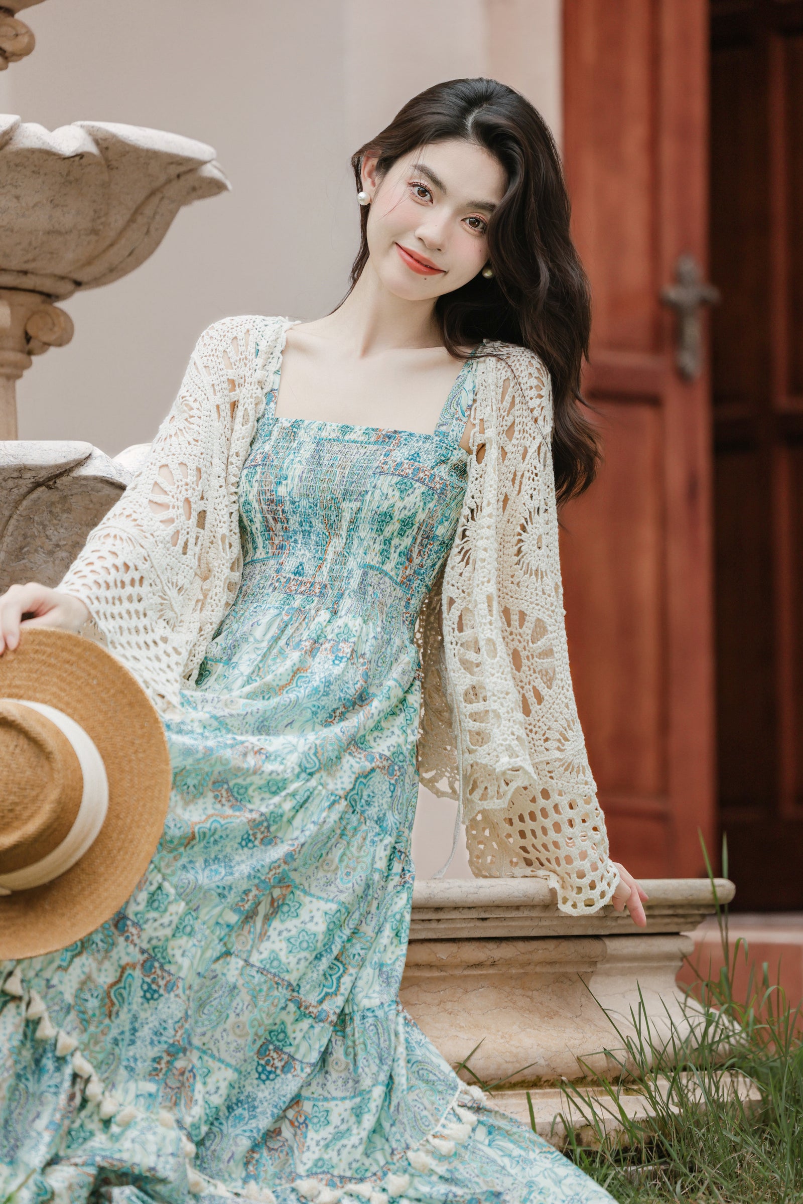 Vacation Boho Floral Maxi Dress with Sun Protection Ethnic Cardigan - Masion Chérie