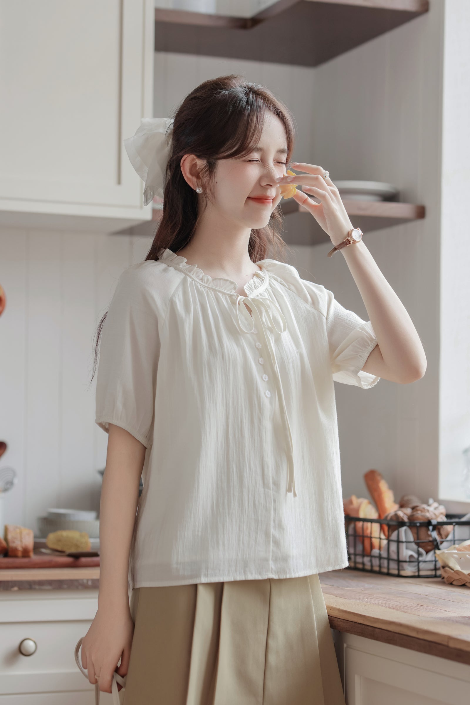 Whimsical Ivory Button-Front Blouse - Masion Chérie